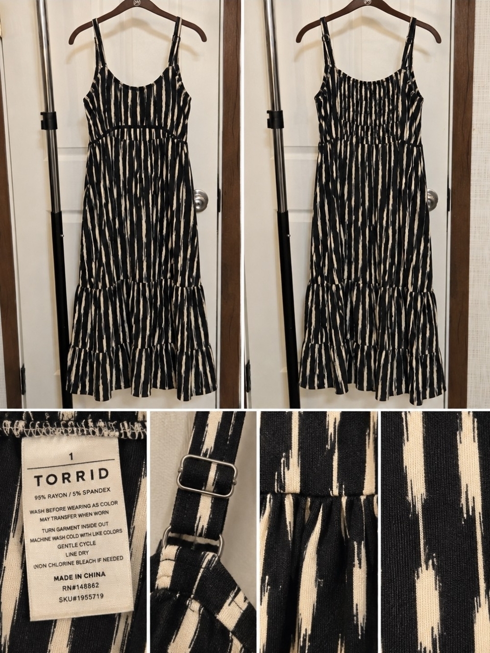 torrid Black & Cream Tiered Midi Dress with Adjustable Straps